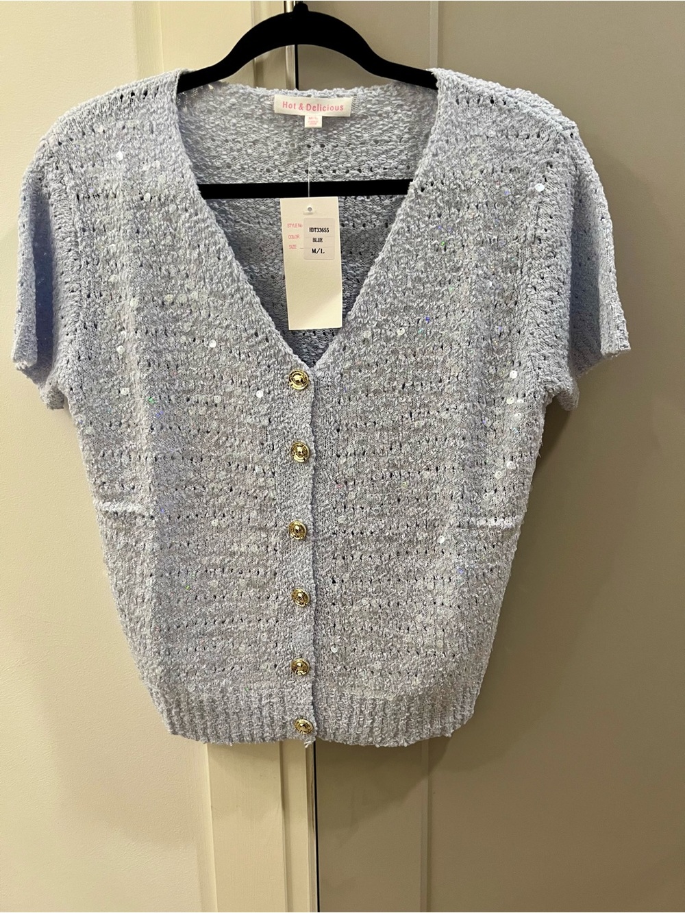 NWT Light Blue Sequin Knit Button Cardigan